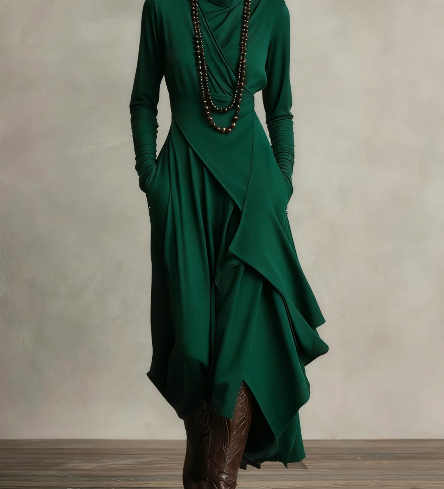 Karolína ❘ Asymetrické plisované maxi šaty s vysokým límcem