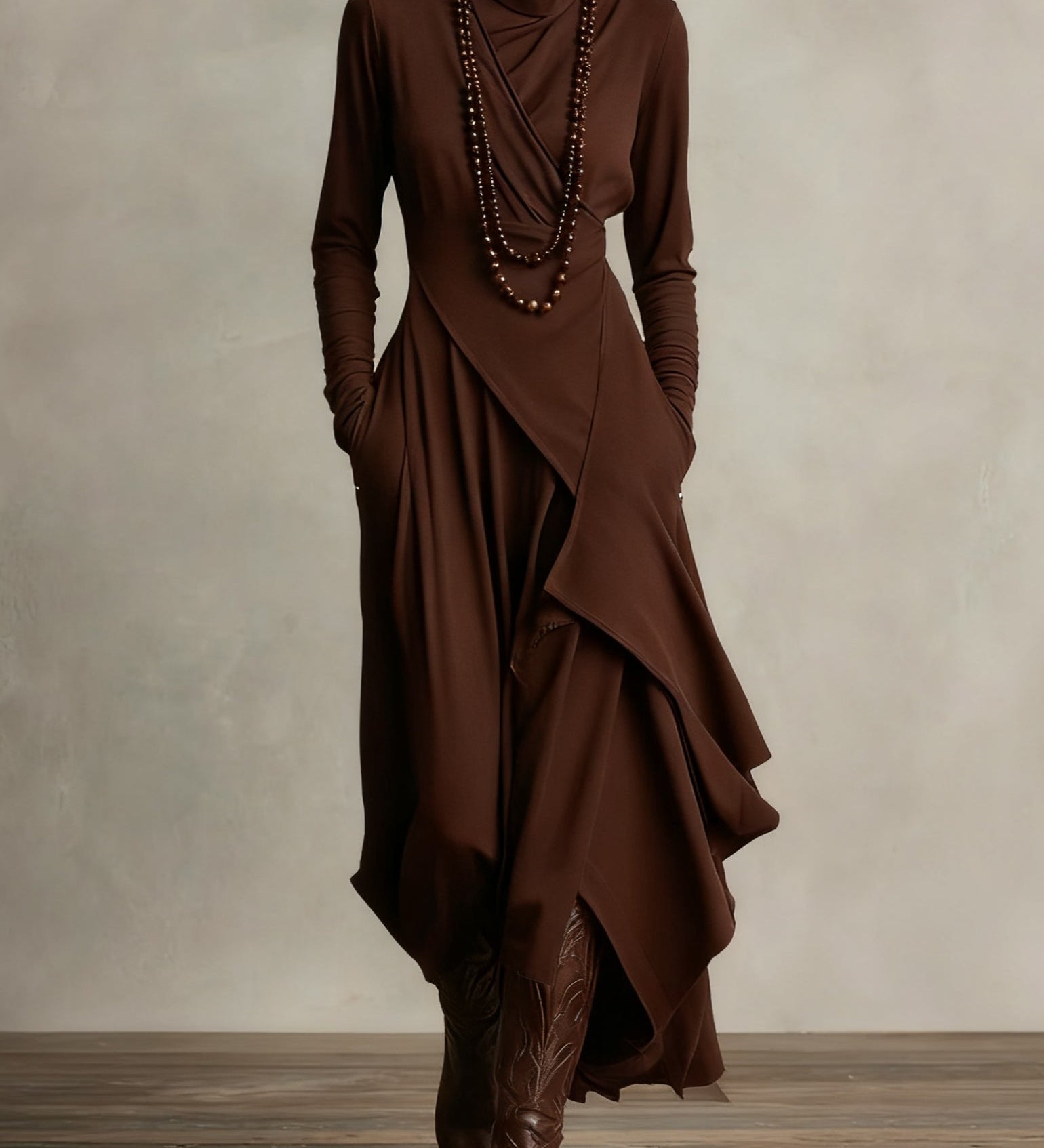 Karolína ❘ Asymetrické plisované maxi šaty s vysokým límcem